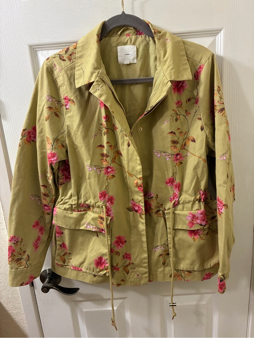 Olive Green Floral Utility Jacket with Drawstring Waist - Women